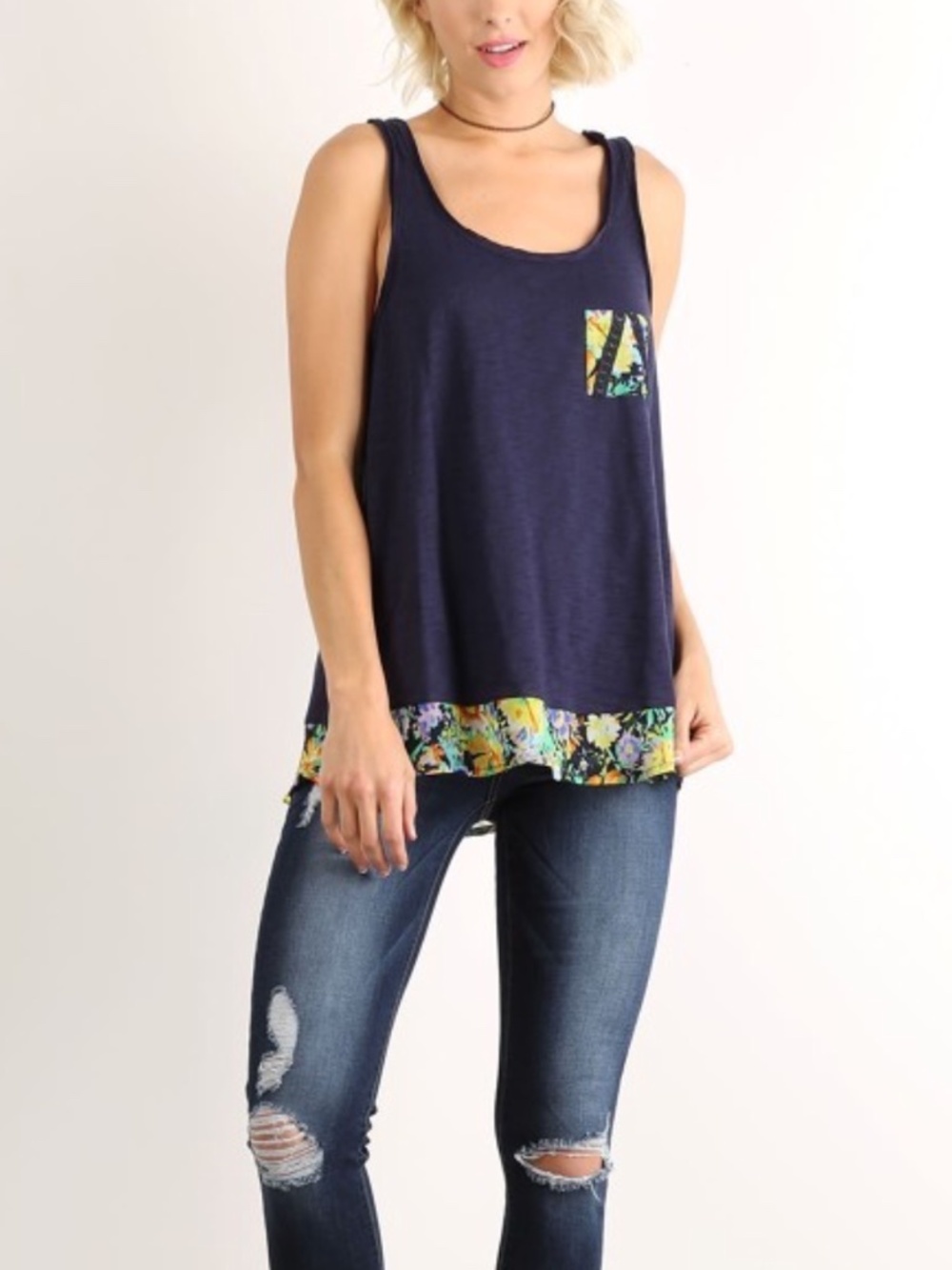 NWT Hem&Thread M Navy tank Floral Ruffle Pocket